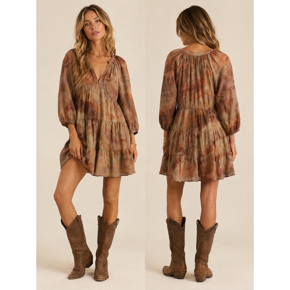Xirena Dress Womens Large Brown Custom Tie Dye Tiered Boho Maxi Dress CUSTOM